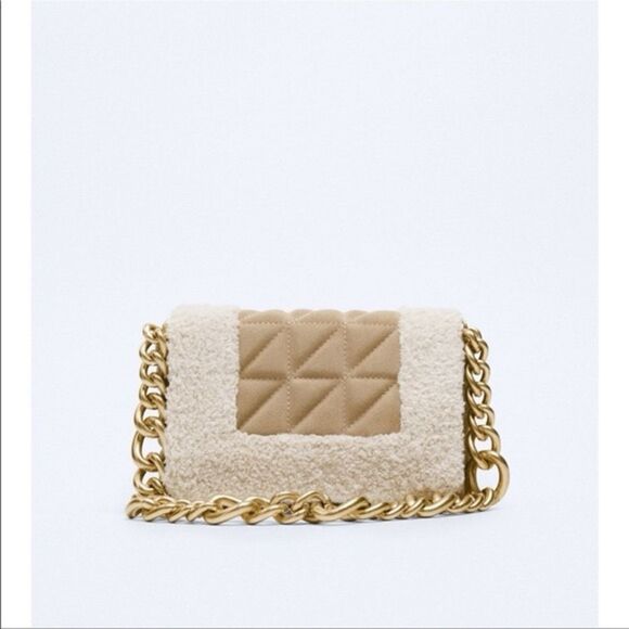 Zara Beige Quilted Leather Fleece Handbag - Picture 1 of 8